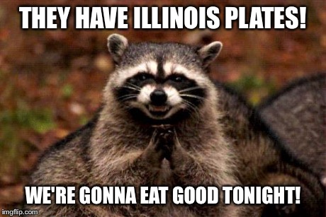 Evil Plotting Raccoon | THEY HAVE ILLINOIS PLATES! WE'RE GONNA EAT GOOD TONIGHT! | image tagged in memes,evil plotting raccoon | made w/ Imgflip meme maker