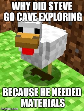 Minecraft Advice Chicken | WHY DID STEVE GO CAVE EXPLORING BECAUSE HE NEEDED MATERIALS | image tagged in minecraft advice chicken | made w/ Imgflip meme maker