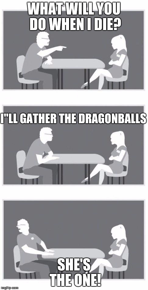 Speed dating | WHAT WILL YOU DO WHEN I DIE? SHE'S THE ONE! I"LL GATHER THE DRAGONBALLS | image tagged in speed dating | made w/ Imgflip meme maker