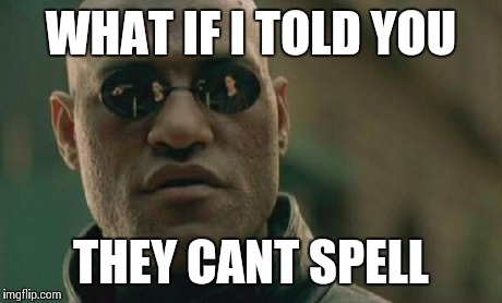 Matrix Morpheus Meme | WHAT IF I TOLD YOU THEY CANT SPELL | image tagged in memes,matrix morpheus | made w/ Imgflip meme maker