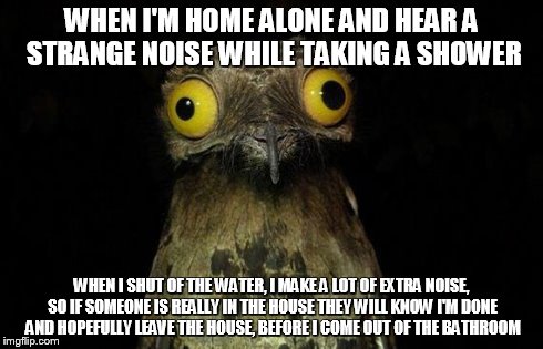 Weird Stuff I Do Potoo Meme | WHEN I'M HOME ALONE AND HEAR A STRANGE NOISE WHILE TAKING A SHOWER WHEN I SHUT OF THE WATER, I MAKE A LOT OF EXTRA NOISE, SO IF SOMEONE IS R | image tagged in memes,weird stuff i do potoo,AdviceAnimals | made w/ Imgflip meme maker