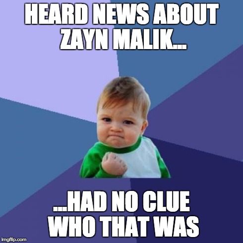 Success Kid Meme | HEARD NEWS ABOUT ZAYN MALIK... ...HAD NO CLUE WHO THAT WAS | image tagged in memes,success kid,AdviceAnimals | made w/ Imgflip meme maker
