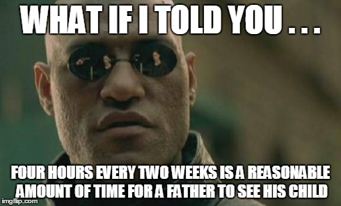 Matrix Morpheus | WHAT IF I TOLD YOU . . . FOUR HOURS EVERY TWO WEEKS IS A REASONABLE AMOUNT OF TIME FOR A FATHER TO SEE HIS CHILD | image tagged in memes,matrix morpheus | made w/ Imgflip meme maker