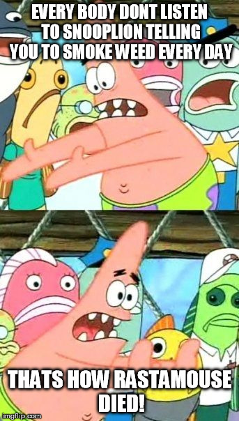 Put It Somewhere Else Patrick | EVERY BODY DONT LISTEN TO SNOOPLION TELLING YOU TO SMOKE WEED EVERY DAY THATS HOW RASTAMOUSE DIED! | image tagged in memes,put it somewhere else patrick | made w/ Imgflip meme maker