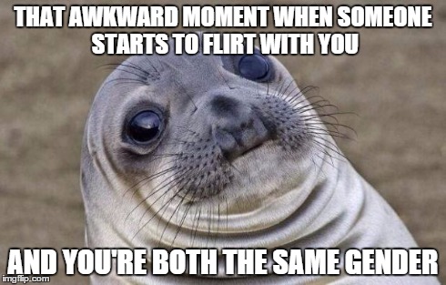 What made it even worse was his girlfriend was on our table too... p.s he's not gay | THAT AWKWARD MOMENT WHEN SOMEONE STARTS TO FLIRT WITH YOU AND YOU'RE BOTH THE SAME GENDER | image tagged in memes,awkward moment sealion | made w/ Imgflip meme maker