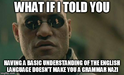 Matrix Morpheus Meme | WHAT IF I TOLD YOU HAVING A BASIC UNDERSTANDING OF THE ENGLISH LANGUAGE DOESN'T MAKE YOU A GRAMMAR NAZI | image tagged in memes,matrix morpheus,grammar nazi,funny,english | made w/ Imgflip meme maker