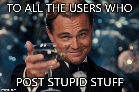 Leonardo Dicaprio Cheers Meme | TO ALL THE USERS WHO POST STUPID STUFF | image tagged in memes,leonardo dicaprio cheers | made w/ Imgflip meme maker