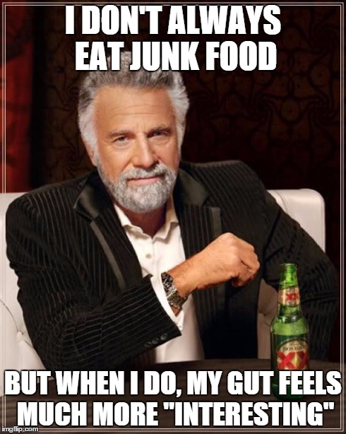 The Most Interesting Man In The World Meme | I DON'T ALWAYS EAT JUNK FOOD BUT WHEN I DO, MY GUT FEELS MUCH MORE "INTERESTING" | image tagged in memes,the most interesting man in the world | made w/ Imgflip meme maker