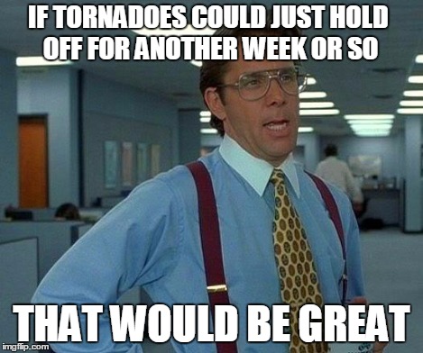 That Would Be Great | IF TORNADOES COULD JUST HOLD OFF FOR ANOTHER WEEK OR SO THAT WOULD BE GREAT | image tagged in memes,that would be great | made w/ Imgflip meme maker