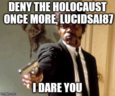 Say That Again I Dare You | DENY THE HOLOCAUST ONCE MORE, LUCIDSAI87 I DARE YOU | image tagged in memes,say that again i dare you | made w/ Imgflip meme maker