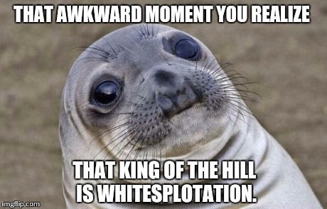 Exploitation is supposed to be funny right? | THAT AWKWARD MOMENT YOU REALIZE THAT KING OF THE HILL IS WHITESPLOTATION. | image tagged in memes,awkward moment sealion | made w/ Imgflip meme maker