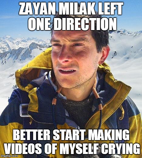 this is really happening... *facepalm*... | ZAYAN MILAK LEFT ONE DIRECTION BETTER START MAKING VIDEOS OF MYSELF CRYING | image tagged in memes,bear grylls,one direction,crying | made w/ Imgflip meme maker