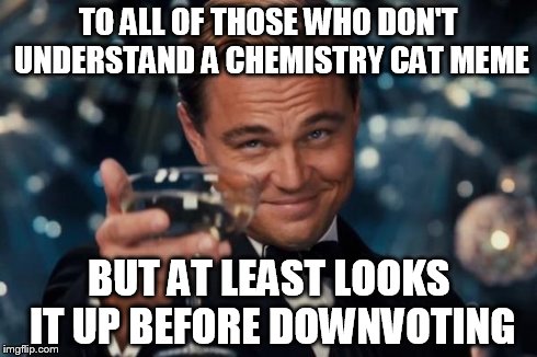 Leonardo Dicaprio Cheers | TO ALL OF THOSE WHO DON'T UNDERSTAND A CHEMISTRY CAT MEME BUT AT LEAST LOOKS IT UP BEFORE DOWNVOTING | image tagged in memes,leonardo dicaprio cheers,chemistry cat,downvoting | made w/ Imgflip meme maker