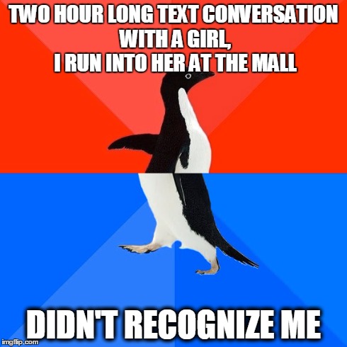 Socially Awesome Awkward Penguin Meme | TWO HOUR LONG TEXT CONVERSATION WITH A GIRL, I RUN INTO HER AT THE MALL DIDN'T RECOGNIZE ME | image tagged in memes,socially awesome awkward penguin,AdviceAnimals | made w/ Imgflip meme maker
