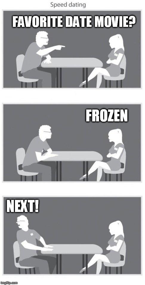 Speed dating | FAVORITE DATE MOVIE? FROZEN NEXT! | image tagged in speed dating,memes,funny,frozen,dating | made w/ Imgflip meme maker