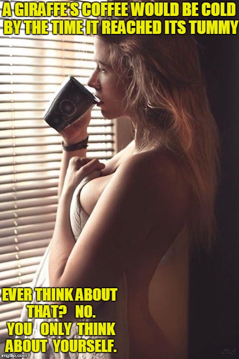 Morning Coffee Contemplation #9  | A GIRAFFE'S COFFEE WOULD BE COLD BY THE TIME IT REACHED ITS TUMMY EVER THINK ABOUT THAT?   NO. YOU   ONLY  THINK ABOUT  YOURSELF. | image tagged in morning coffee,vince vance,caffeine related thoughts,first thoughts in the morning,a blond thinks about things,nude girl drinkin | made w/ Imgflip meme maker