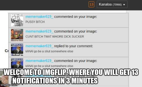 I'm gone for 3 minutes, this is what happens | WELCOME TO IMGFLIP, WHERE YOU WILL GET 13 NOTIFICATIONS IN 3 MINUTES | image tagged in notification spam,horrible insults,imgflip | made w/ Imgflip meme maker