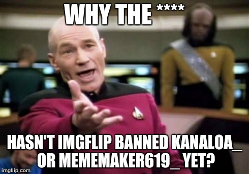 Picard Wtf | WHY THE **** HASN'T IMGFLIP BANNED KANALOA_ OR MEMEMAKER619_ YET? | image tagged in memes,picard wtf | made w/ Imgflip meme maker