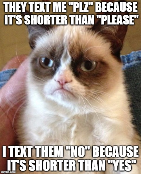 Grumpy Cat | THEY TEXT ME "PLZ" BECAUSE IT'S SHORTER THAN "PLEASE" I TEXT THEM "NO" BECAUSE IT'S SHORTER THAN "YES" | image tagged in memes,grumpy cat | made w/ Imgflip meme maker