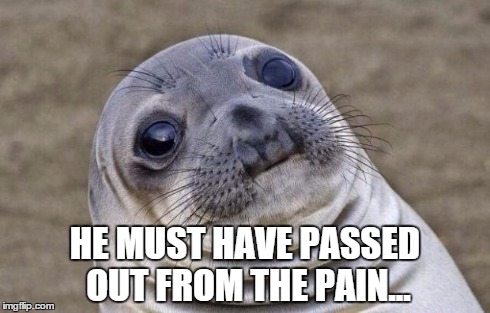 Awkward Moment Sealion Meme | HE MUST HAVE PASSED OUT FROM THE PAIN... | image tagged in memes,awkward moment sealion | made w/ Imgflip meme maker