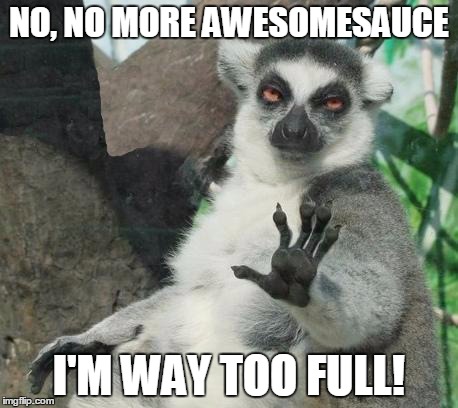 Stoner Lemur Meme | NO, NO MORE AWESOMESAUCE I'M WAY TOO FULL! | image tagged in memes,stoner lemur | made w/ Imgflip meme maker