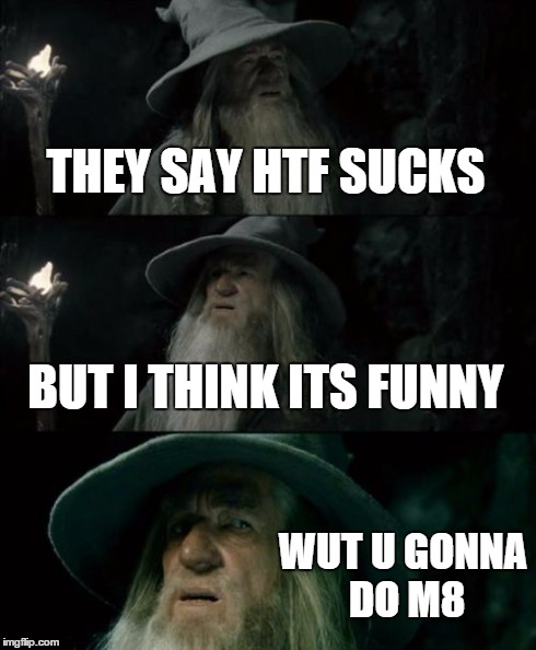 Confused Gandalf | THEY SAY HTF SUCKS BUT I THINK ITS FUNNY WUT U GONNA DO M8 | image tagged in memes,confused gandalf | made w/ Imgflip meme maker