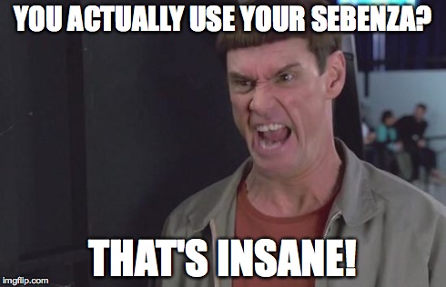 dumb and dumber thats insane | YOU ACTUALLY USE YOUR SEBENZA? THAT'S INSANE! | image tagged in dumb and dumber thats insane | made w/ Imgflip meme maker