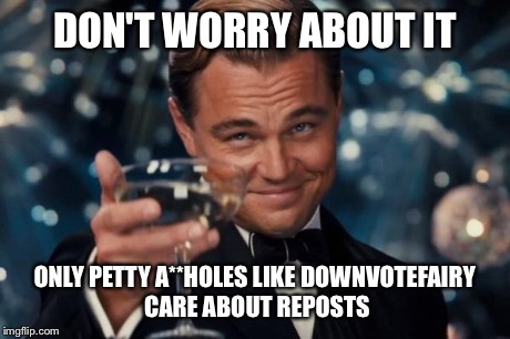 Leonardo Dicaprio Cheers Meme | DON'T WORRY ABOUT IT ONLY PETTY A**HOLES LIKE DOWNVOTEFAIRY CARE ABOUT REPOSTS | image tagged in memes,leonardo dicaprio cheers | made w/ Imgflip meme maker