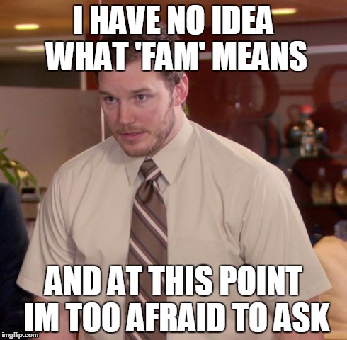 Afraid To Ask Andy Meme | I HAVE NO IDEA WHAT 'FAM' MEANS AND AT THIS POINT IM TOO AFRAID TO ASK | image tagged in memes,afraid to ask andy | made w/ Imgflip meme maker