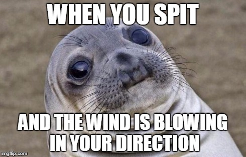 Awkward Moment Sealion Meme | WHEN YOU SPIT AND THE WIND IS BLOWING IN YOUR DIRECTION | image tagged in memes,awkward moment sealion | made w/ Imgflip meme maker