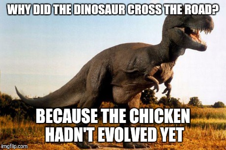 dinosaur | WHY DID THE DINOSAUR CROSS THE ROAD? BECAUSE THE CHICKEN HADN'T EVOLVED YET | image tagged in dinosaur | made w/ Imgflip meme maker