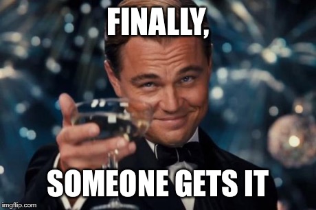 Leonardo Dicaprio Cheers Meme | FINALLY, SOMEONE GETS IT | image tagged in memes,leonardo dicaprio cheers | made w/ Imgflip meme maker