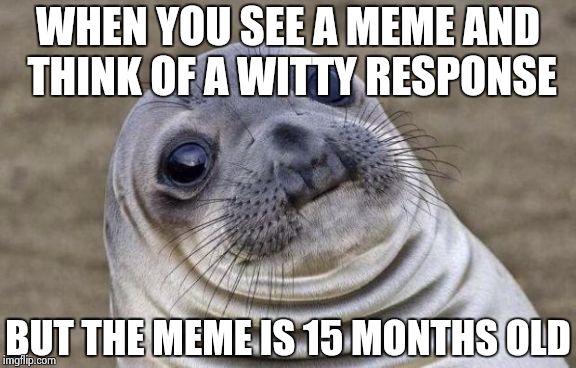 Happens a lot while going through "random" | WHEN YOU SEE A MEME AND THINK OF A WITTY RESPONSE BUT THE MEME IS 15 MONTHS OLD | image tagged in memes,awkward moment sealion | made w/ Imgflip meme maker