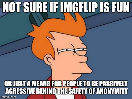 One or the other | NOT SURE IF IMGFLIP IS FUN OR JUST A MEANS FOR PEOPLE TO BE PASSIVELY AGRESSIVE BEHIND THE SAFETY OF ANONYMITY | image tagged in memes,futurama fry | made w/ Imgflip meme maker