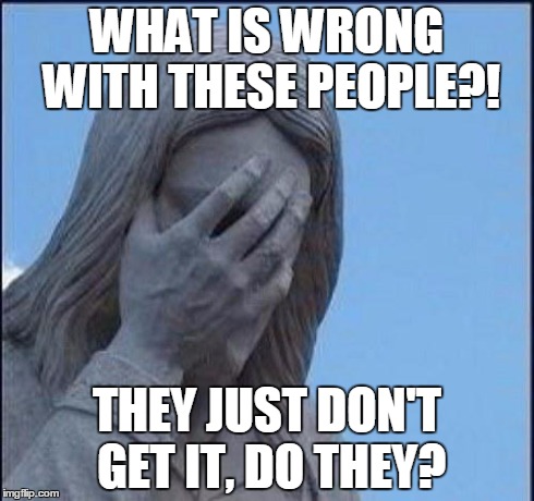 Jesus Facepalm | WHAT IS WRONG WITH THESE PEOPLE?! THEY JUST DON'T GET IT, DO THEY? | image tagged in disappointed jesus | made w/ Imgflip meme maker