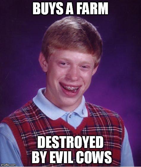 Bad Luck Brian Meme | BUYS A FARM DESTROYED BY EVIL COWS | image tagged in memes,bad luck brian | made w/ Imgflip meme maker