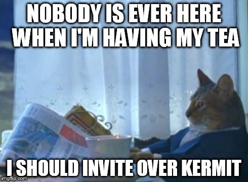 I Should Buy A Boat Cat | NOBODY IS EVER HERE WHEN I'M HAVING MY TEA I SHOULD INVITE OVER KERMIT | image tagged in memes,i should buy a boat cat,kermit | made w/ Imgflip meme maker