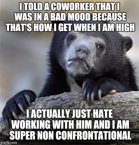 Confession Bear | I TOLD A COWORKER THAT I WAS IN A BAD MOOD BECAUSE THAT'S HOW I GET WHEN I AM HIGH I ACTUALLY JUST HATE WORKING WITH HIM AND I AM SUPER NON  | image tagged in memes,confession bear,AdviceAnimals | made w/ Imgflip meme maker