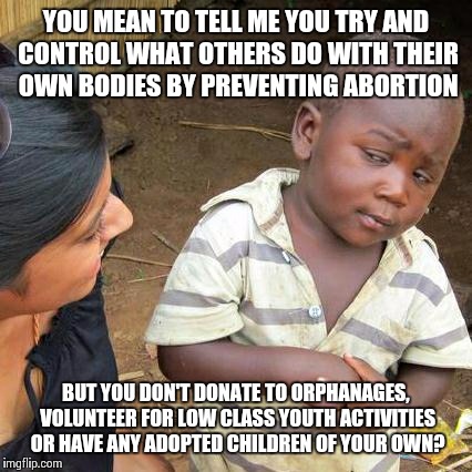 Third World Skeptical Kid Meme | YOU MEAN TO TELL ME YOU TRY AND CONTROL WHAT OTHERS DO WITH THEIR OWN BODIES BY PREVENTING ABORTION BUT YOU DON'T DONATE TO ORPHANAGES, VOLU | image tagged in memes,third world skeptical kid | made w/ Imgflip meme maker