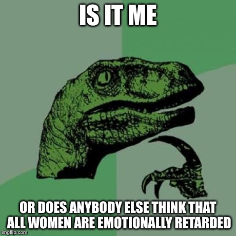 Philosoraptor | IS IT ME OR DOES ANYBODY ELSE THINK THAT ALL WOMEN ARE EMOTIONALLY RETARDED | image tagged in memes,philosoraptor | made w/ Imgflip meme maker