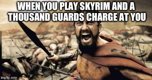 Sparta Leonidas Meme | WHEN YOU PLAY SKYRIM AND A THOUSAND GUARDS CHARGE AT YOU | image tagged in memes,sparta leonidas | made w/ Imgflip meme maker