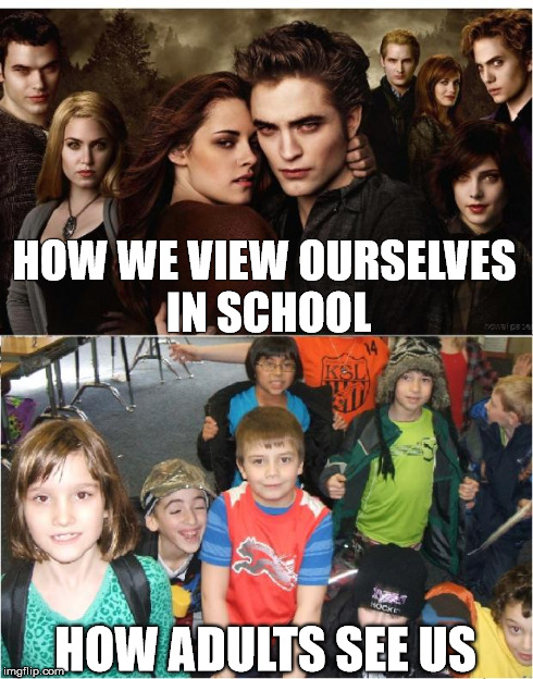 HOW WE VIEW OURSELVES IN SCHOOL HOW ADULTS SEE US | image tagged in twlight kids | made w/ Imgflip meme maker
