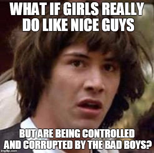 Conspiracy Keanu Meme | WHAT IF GIRLS REALLY DO LIKE NICE GUYS BUT ARE BEING CONTROLLED AND CORRUPTED BY THE BAD BOYS? | image tagged in memes,conspiracy keanu | made w/ Imgflip meme maker
