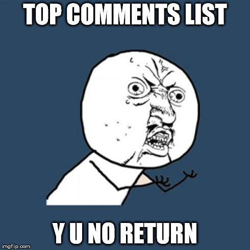 Y U No Meme | TOP COMMENTS LIST Y U NO RETURN | image tagged in memes,y u no | made w/ Imgflip meme maker