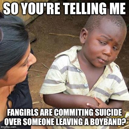 Third World Skeptical Kid Meme | SO YOU'RE TELLING ME FANGIRLS ARE COMMITING SUICIDE OVER SOMEONE LEAVING A BOYBAND? | image tagged in memes,third world skeptical kid | made w/ Imgflip meme maker