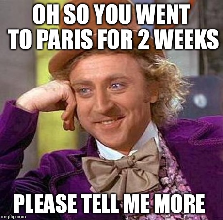 Creepy Condescending Wonka | OH SO YOU WENT TO PARIS FOR 2 WEEKS PLEASE TELL ME MORE | image tagged in memes,creepy condescending wonka | made w/ Imgflip meme maker