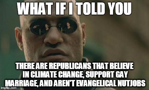 Matrix Morpheus | WHAT IF I TOLD YOU THERE ARE REPUBLICANS THAT BELIEVE IN CLIMATE CHANGE, SUPPORT GAY MARRIAGE, AND AREN'T EVANGELICAL NUTJOBS | image tagged in memes,matrix morpheus,AdviceAnimals | made w/ Imgflip meme maker
