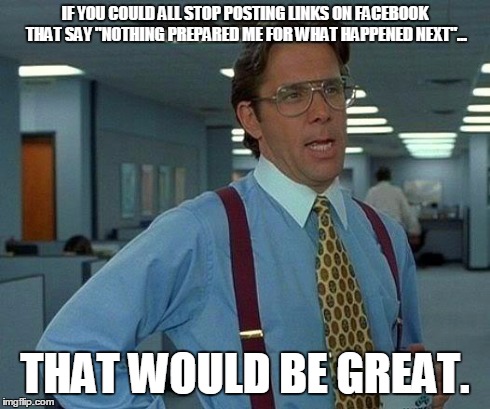 That Would Be Great | IF YOU COULD ALL STOP POSTING LINKS ON FACEBOOK THAT SAY "NOTHING PREPARED ME FOR WHAT HAPPENED NEXT"... THAT WOULD BE GREAT. | image tagged in memes,that would be great | made w/ Imgflip meme maker