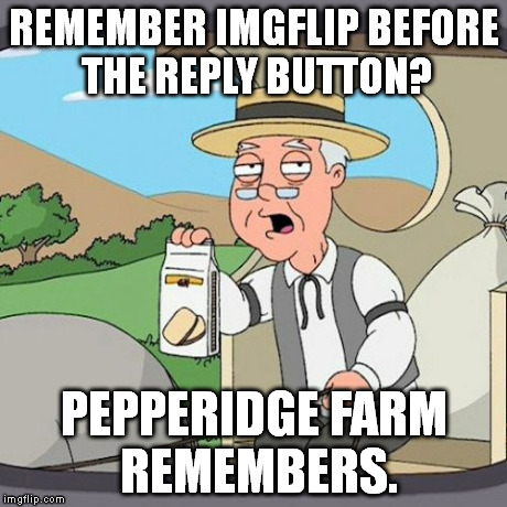 The comments section was a scary place back then. Thanks for the reply button, imgflip. :) | REMEMBER IMGFLIP BEFORE THE REPLY BUTTON? PEPPERIDGE FARM REMEMBERS. | image tagged in memes,pepperidge farm remembers | made w/ Imgflip meme maker