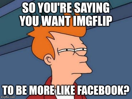 Futurama Fry Meme | SO YOU'RE SAYING YOU WANT IMGFLIP TO BE MORE LIKE FACEBOOK? | image tagged in memes,futurama fry | made w/ Imgflip meme maker